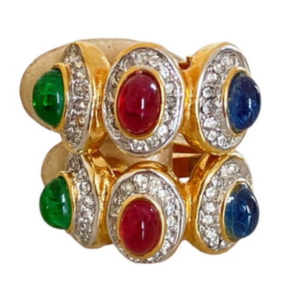 Vintage 80s Unsigned Christian Dior Earrings HuggiesCabochon and Pave Rhinestone - Picture 5 of 8